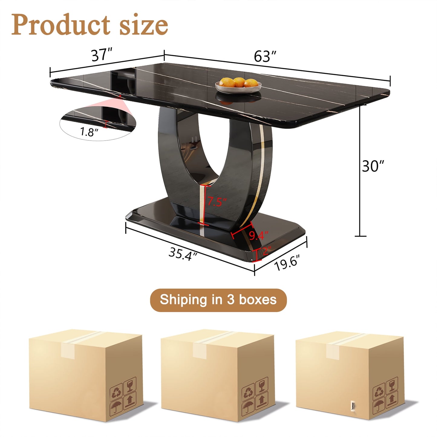 63" Marble Dining Table for 6 £¬Sudica Faux Marble Dining Room MDF Table with U-Shaped Bracket Support, Black