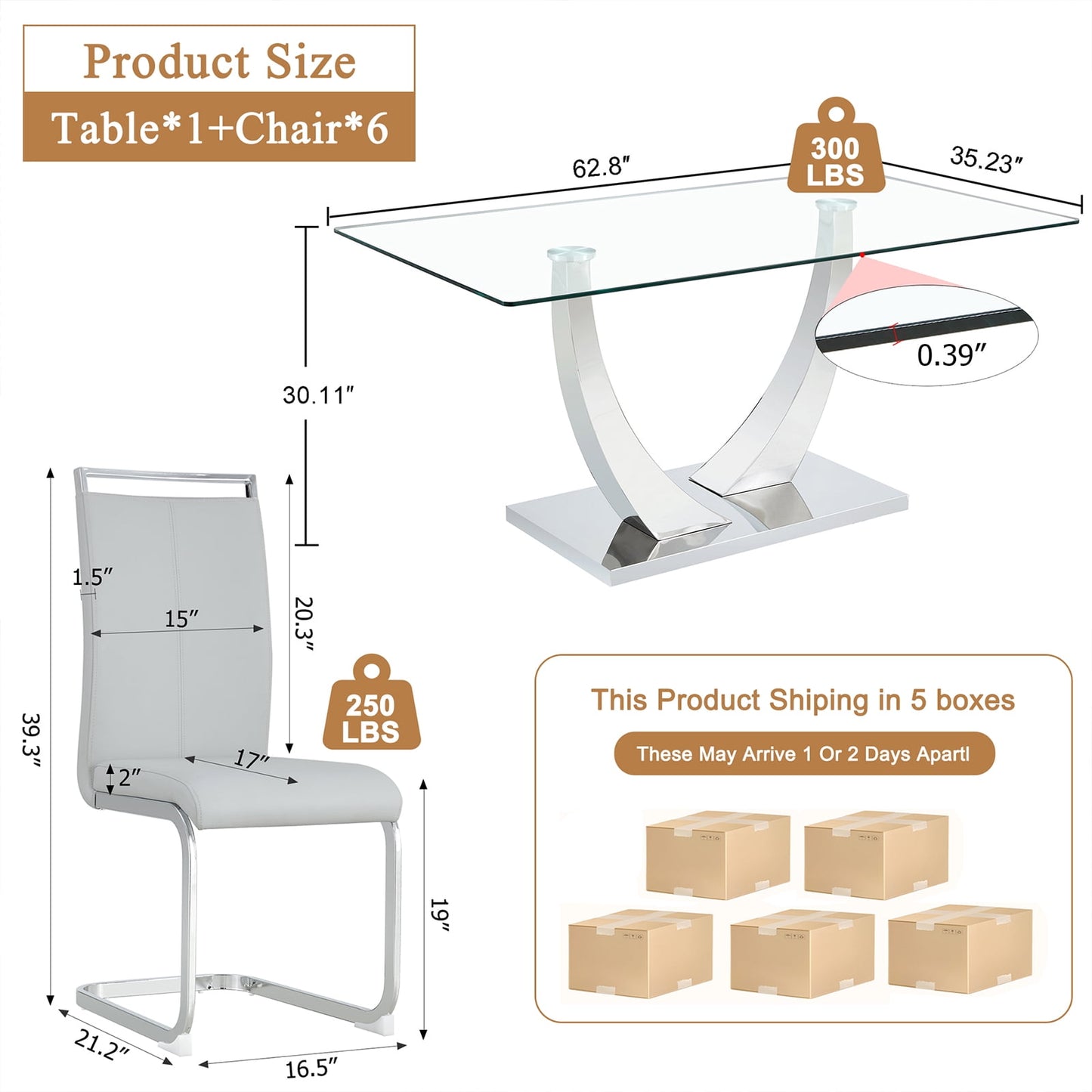 Glass Dining Room Table Set for 6, Sudica 63"Modern Kitchen Glass Dinner Table Set with 6 Upholstered Dining Chairs, Light Gray