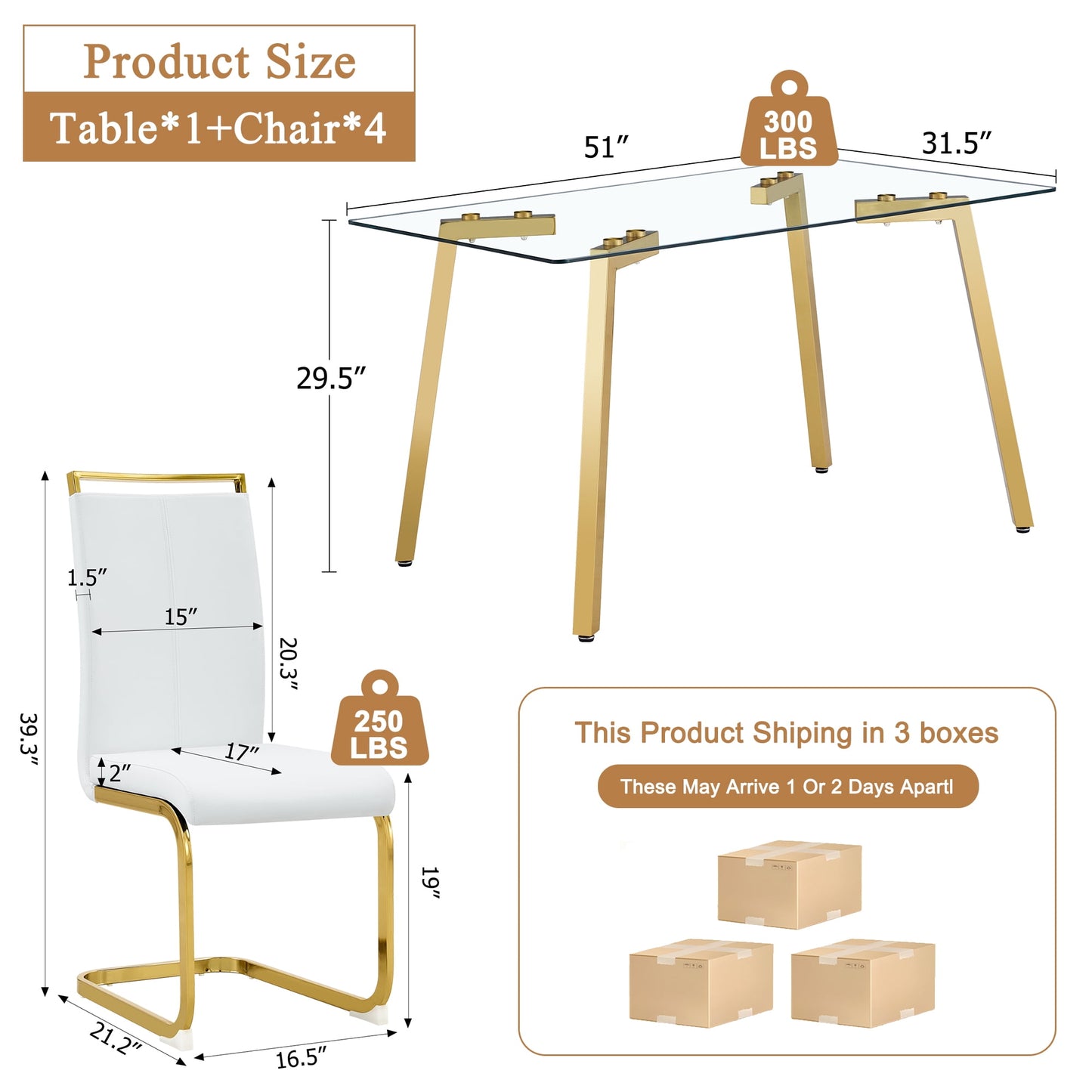 Sudica Compact Dining Table Set for 4, 51" Glass Dining Table with Gold Legs PU Leather Kitchen Chairs,White