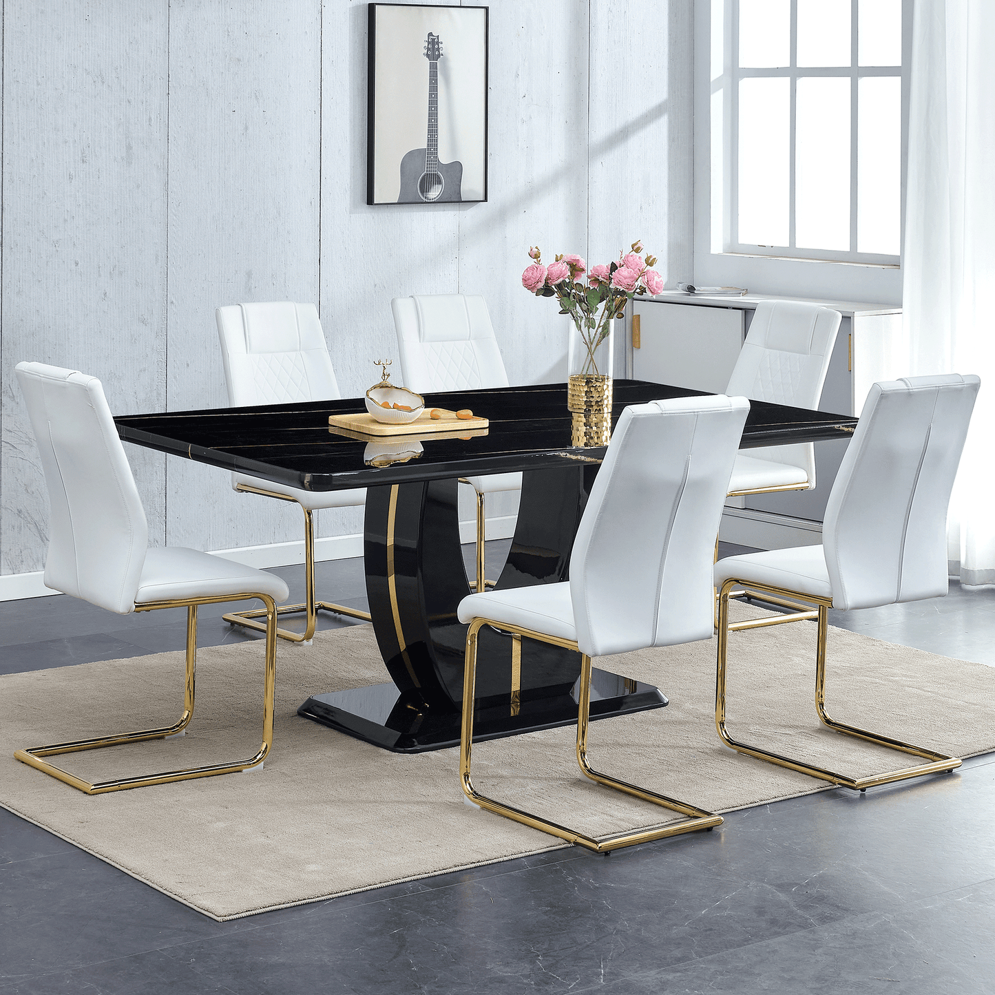 Sudica Marble Dining Set, Large Kitchen Table with 6 Gold Legs Dining Chairs 71" Modern Dining Table Set for Home,Black