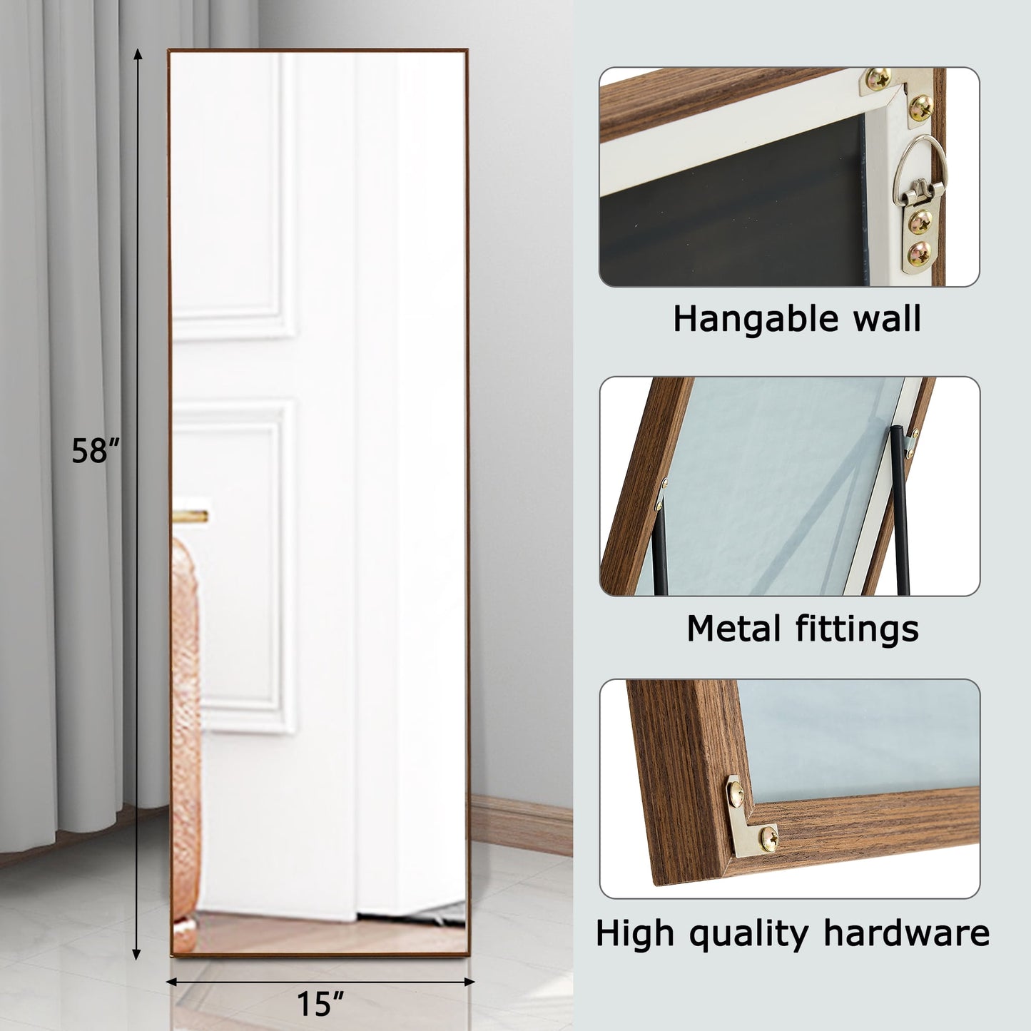 Sudica Full Length Floor Mirror 58"x 15" Wood Rectangular Bedroom Standing Mirror, Brown