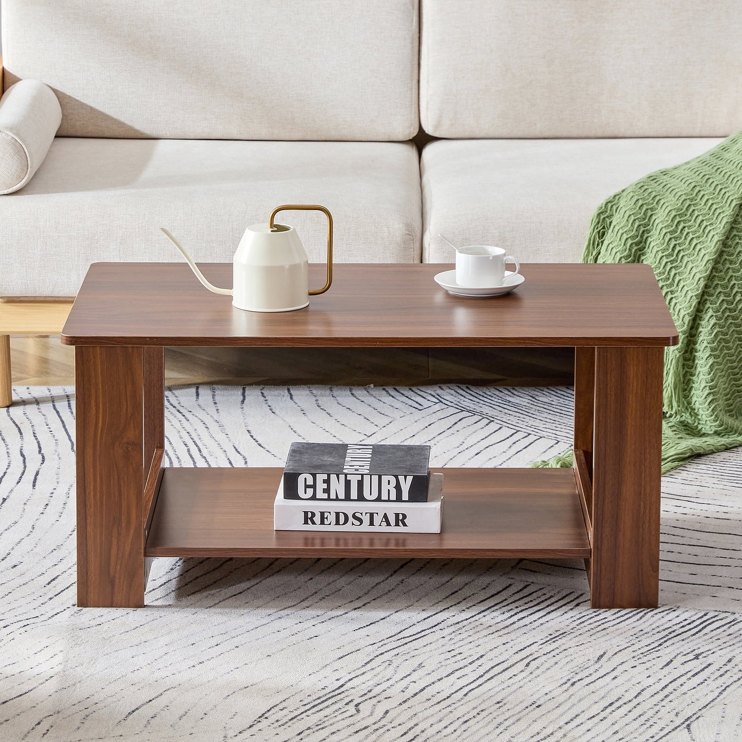 Sudica 35.4" Coffee Table with Storage Shelf Rectangular Rustic Wood Cocktail Table for Living Room,Walnut