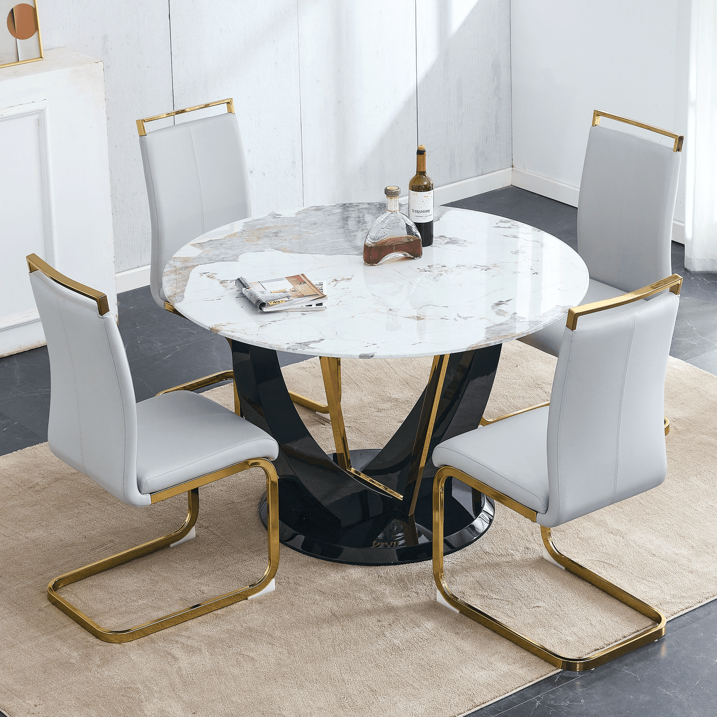 Sudica Round Dining Set for 4, 48" Round Marble Dining Table with PU Leather Dining Chairs, Gold Legs, Light Gray