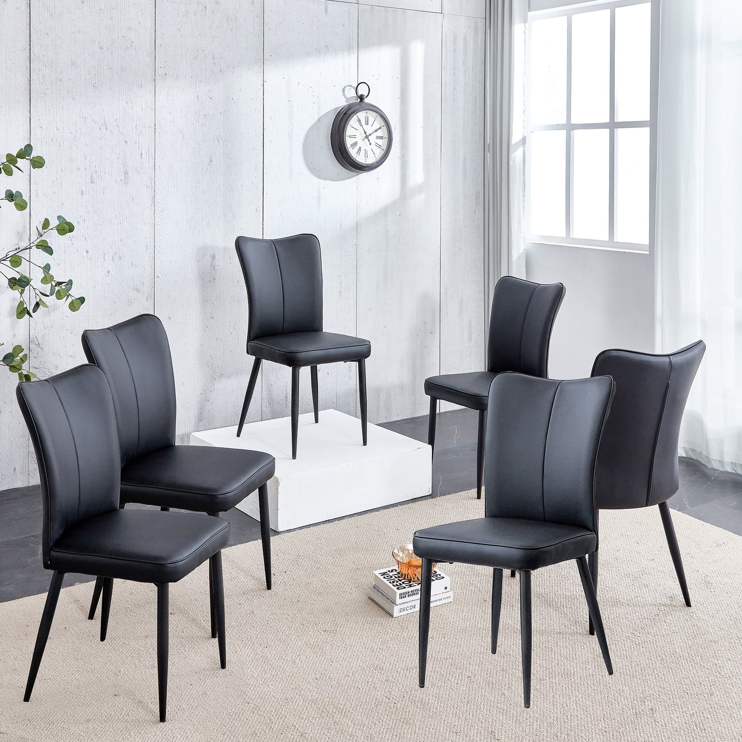 Sudica Modern Dining Chairs Set of 6, Upholstered Leather Kitchen Chairs with Black Metal Legs, Black