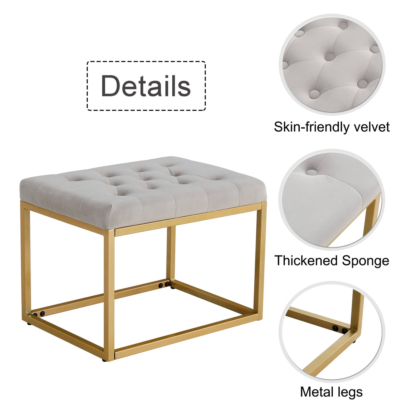 Sudica Velvet Bathroom Vanity Stool Square Tufted Padded Small Bench Upholstered Ottoman with Metal Frame for Bedroom Hallway