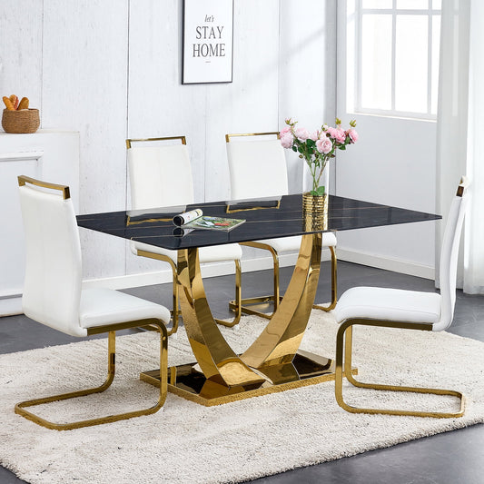 5-Piece Dining Table Set, Sudica Rectangular Faux Marble Kitchen Table with 4 Leather Gold Legs Dining Chairs, White