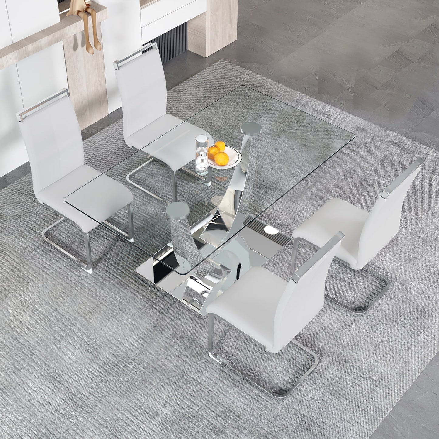 Glass Dining Room Table Set for 4, Sudica 63"Modern Kitchen Glass Dinner Table Set with 4 Upholstered Dining Chairs, Light Gray