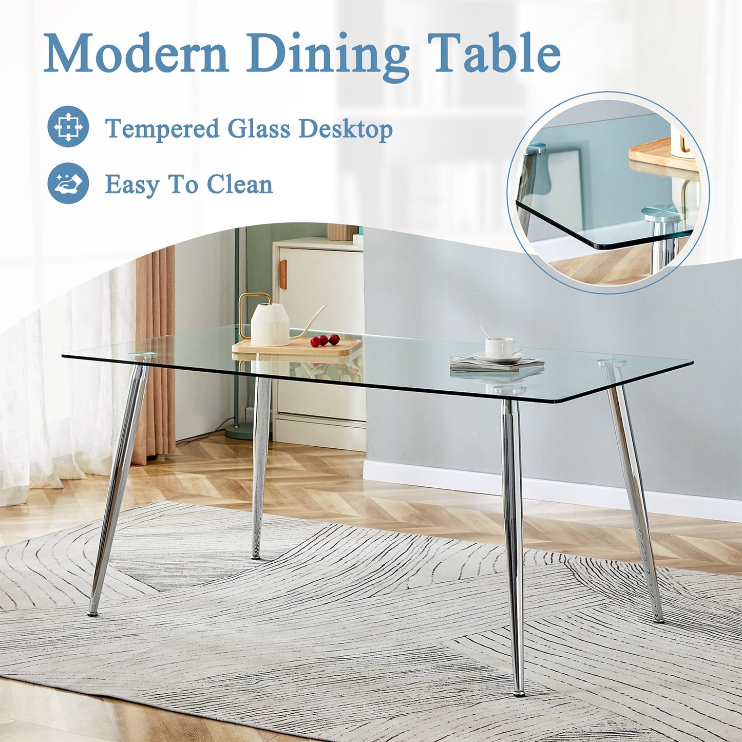 Tempered Glass Dining Table for 4, Sudica 51" Modern Rectangular Glass Kitchen Table with 4 Silver Plating Metal Legs