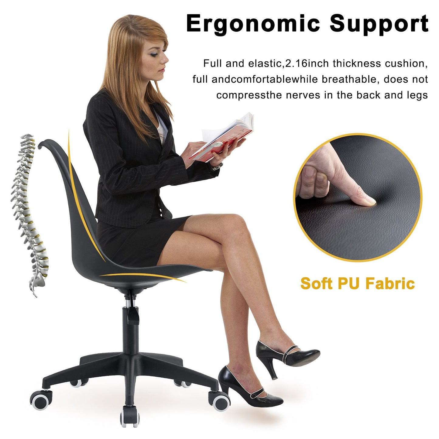 Sudica Black PVC Office Chair with Padded Seat Clear Rolling Desk Chair for Bedroom