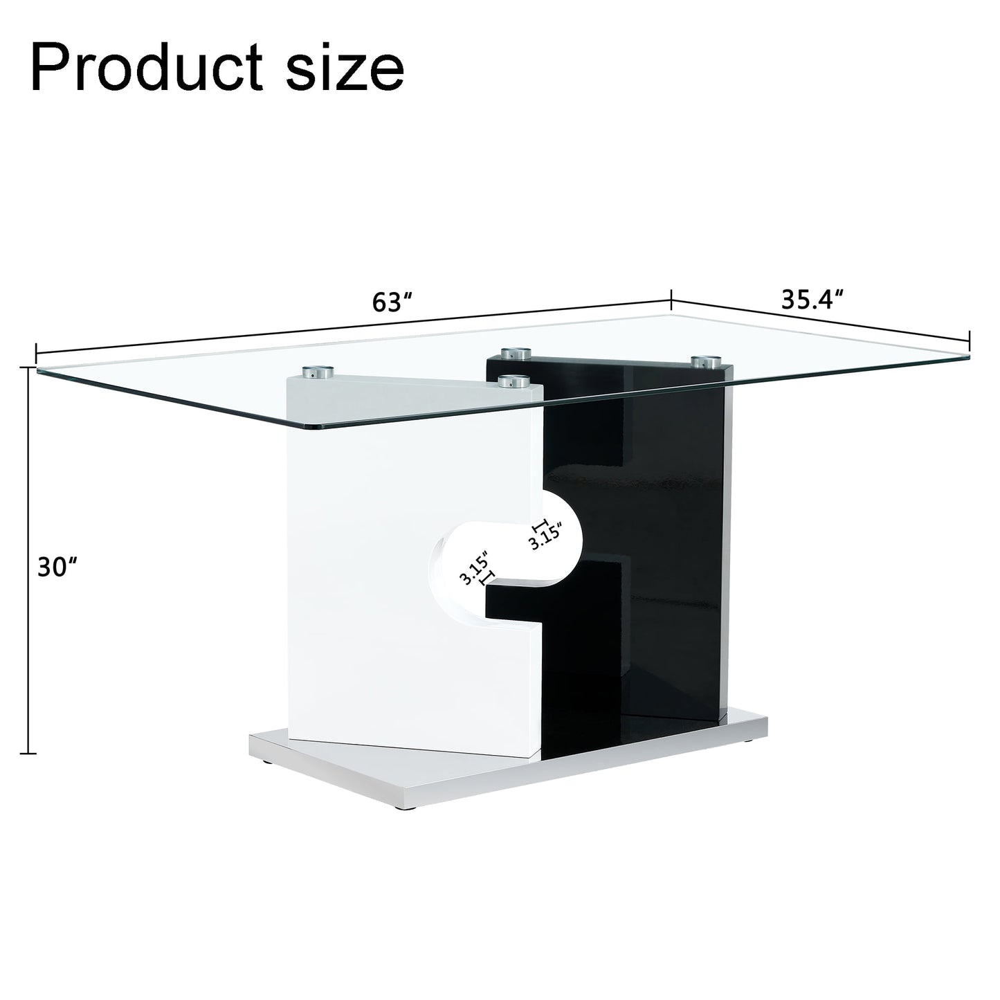 Sudica Glass Dining Table, 63" Large Dining Table with Black and White Base for Kitchen Dining Room