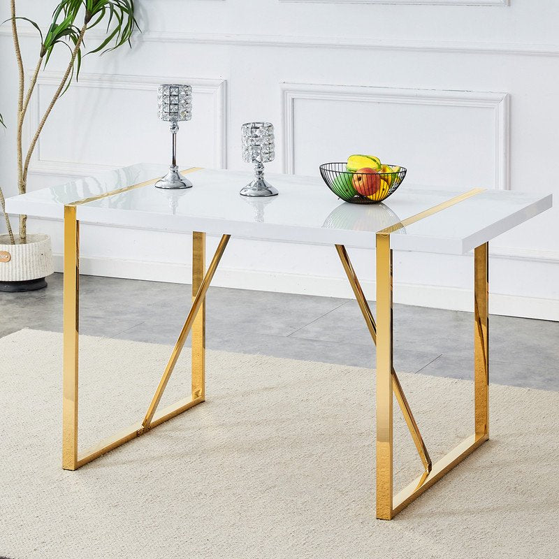 Rectangular Dining Table For 4-6 Person,Sudica 51 inch White Tabletop and golden Metal Legs,for Dining Room,Kitchen