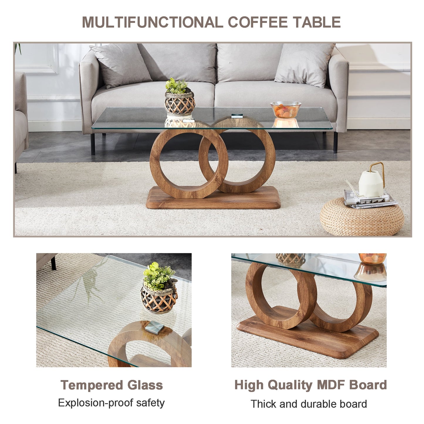 Sudica Rectangle Glass Coffee Table, Modern 47"x25" Tempered Glass Top Tea Table for Living Room, Wood Base