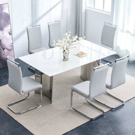 Dining Table Set for 6£¬Sudica 71" Faux Marble White Rectangular Dining Table and Upholstered PU Leather Dining Room Chairs for Kitchen,Light Gray