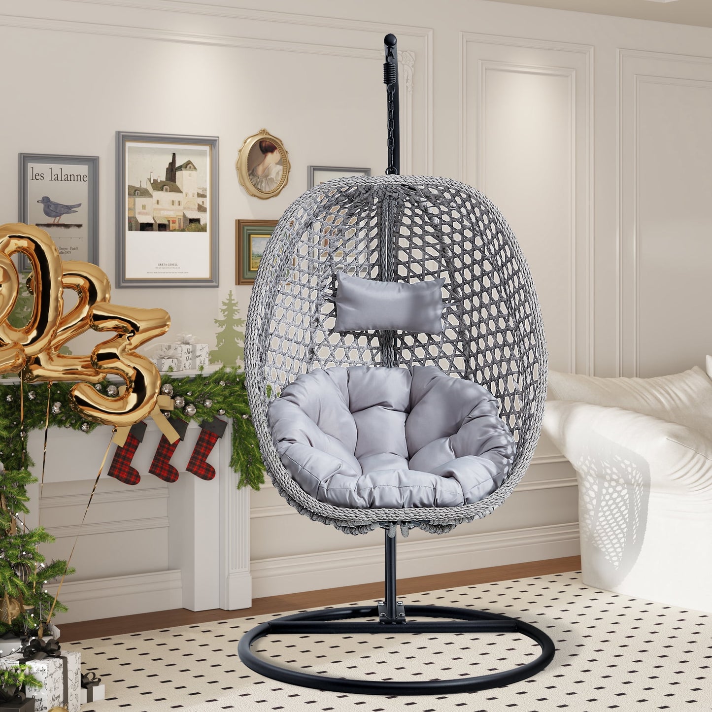 Sudica Hanging Egg Chair with Stand Patio Soft Cushion Rattan Wicker Egg Swing Chair for Bedroom, Garden 350lbs Capacity, Gray