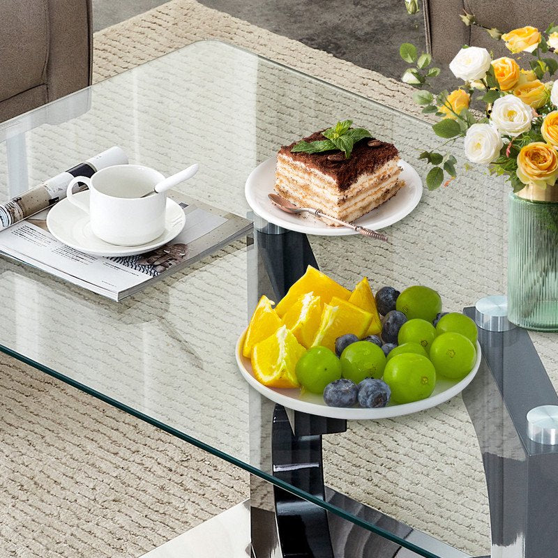 Sudica Glass Rectangular Coffee Table, 47 inch Modern Tea Table with Tempered Glass Tabletop and Black Legs for Living Room.