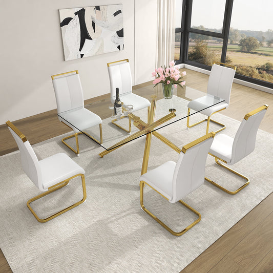 Sudica Glass Dining Table Set for 6, 71" Large Rectangular Kitchen Glass Dinner Table with Upholstered Golden Legs Dining Room Chairs, White