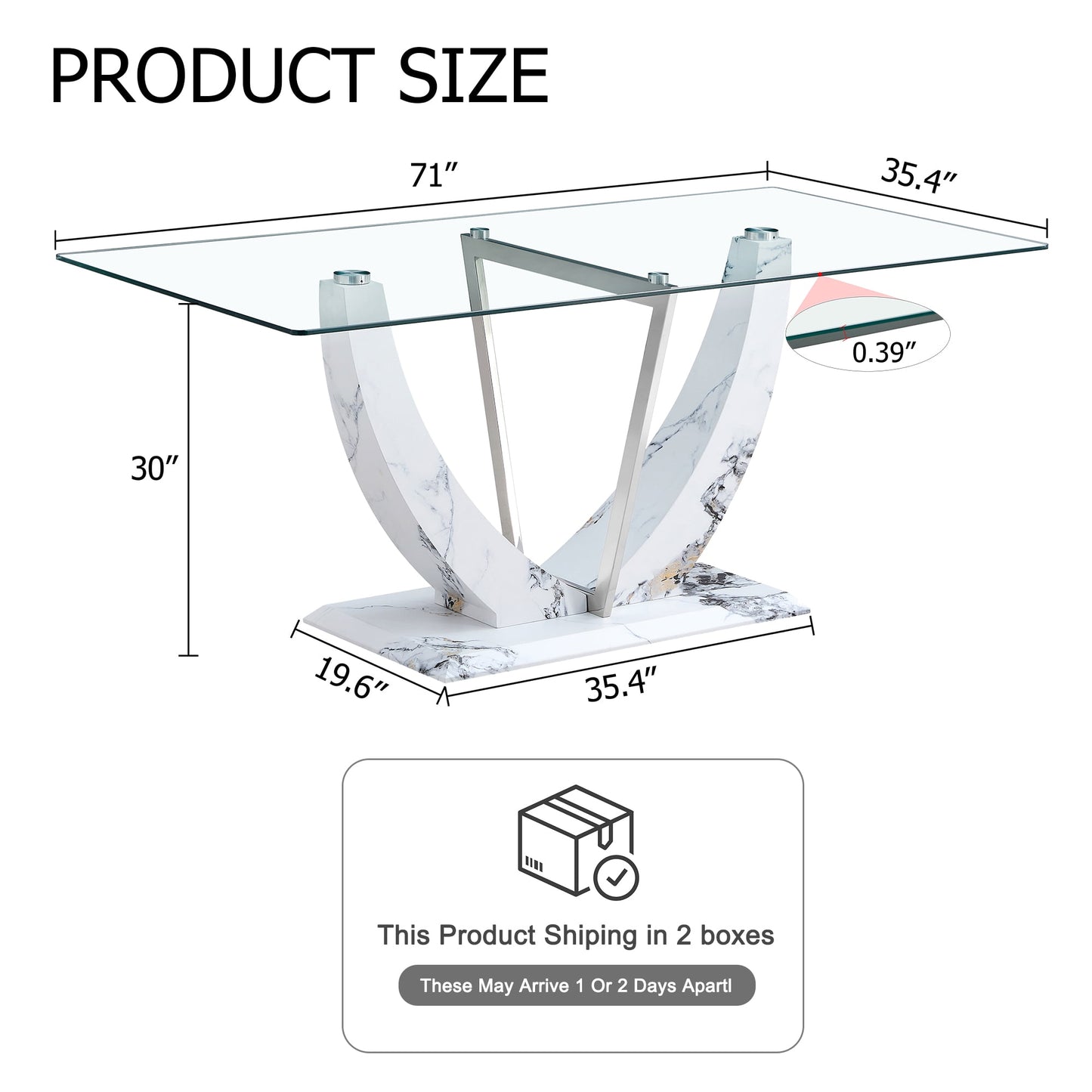 Sudica Glass Dining Table 71 inch Modern Kitchen Dining Room Table with White Marble U-Shape Base