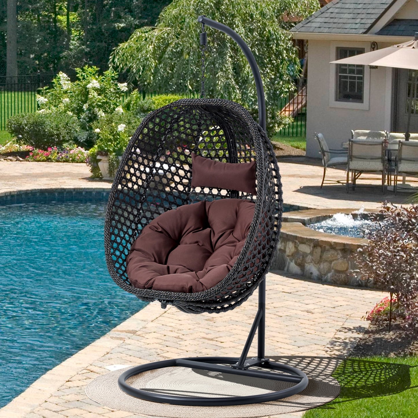 Sudica Hanging Egg Chair with Stand Patio Soft Cushion Rattan Wicker Egg Swing Chair for Bedroom, Garden 350lbs Capacity, Black