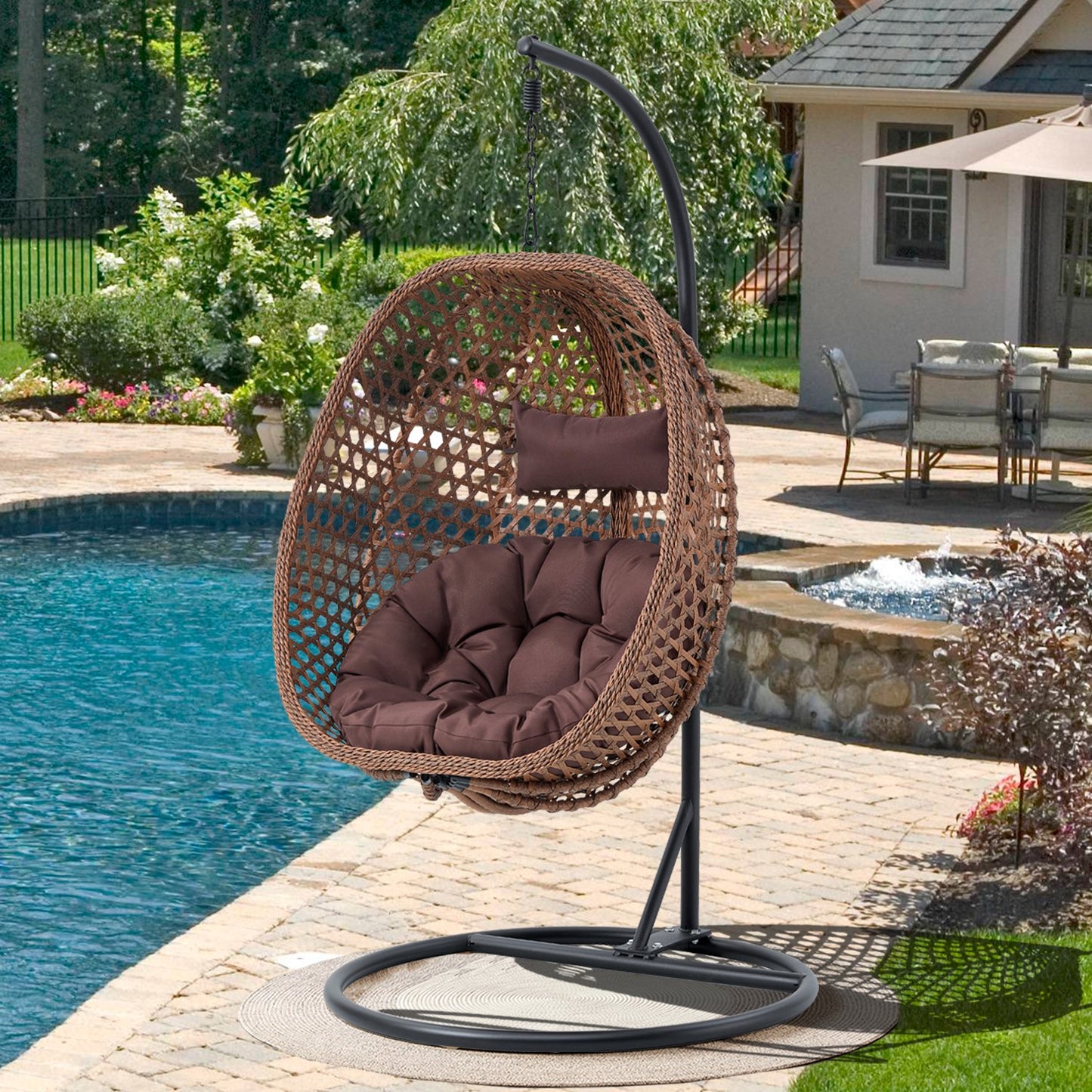 Hanging Egg Chair with Stand, Sudica Patio Soft Cushion Rattan Wicker Egg Swing Chair for Bedroom, Garden 350lbs Capacity, Dark Brown