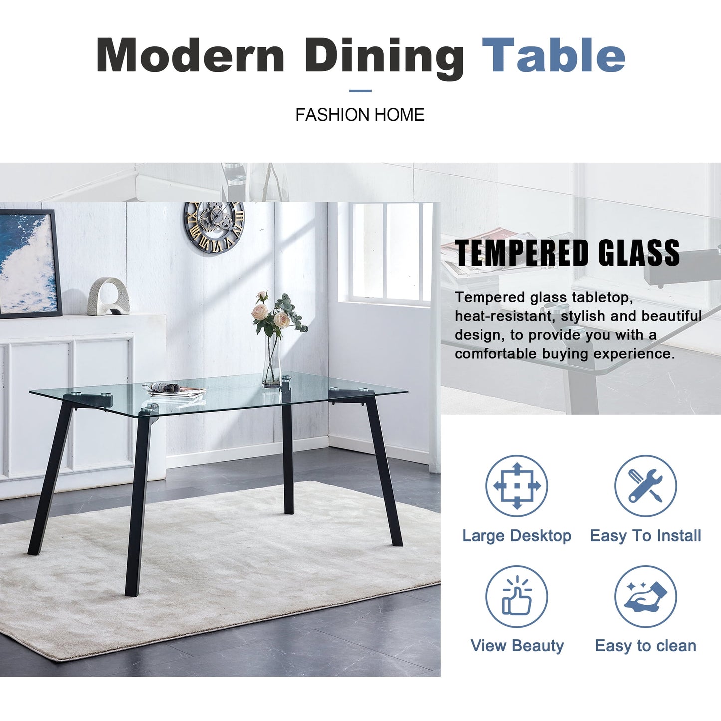 Sudica Dining Set for 4, Glass Rectangular Kitchen Table Set with Upholstered Dining Chairs