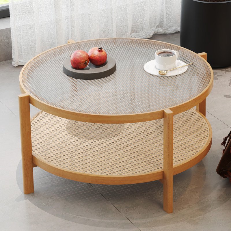 Sudica Modern Minimalist Circular Double-Layer Solid Wood Coffee Table, Craft Glass Tabletop,Pe Rattan with Solid Wood Frame,for Living Room, Dining Room and Bedroom YM