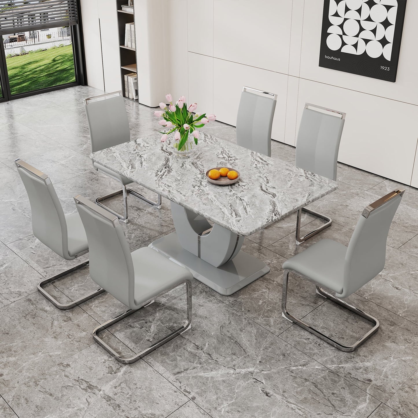 Modern Dining Table Set for 6,Sudica Rectangular Marble Kitchen Table Set with 6 PU Leather Upholstered Dining Room Chairs, Light Gray