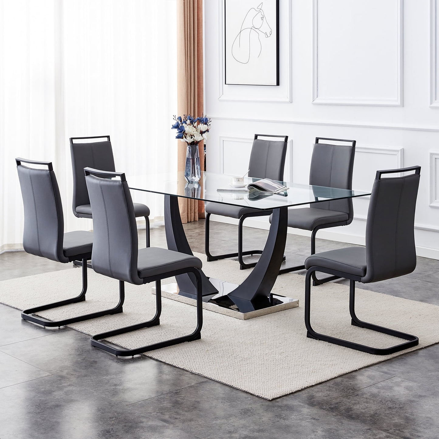 7-Piece 67"Glass Dining Table Set, Sudica Modern Table & Chair Set with 6 PU Leather Padded Dining Chairs, Gray