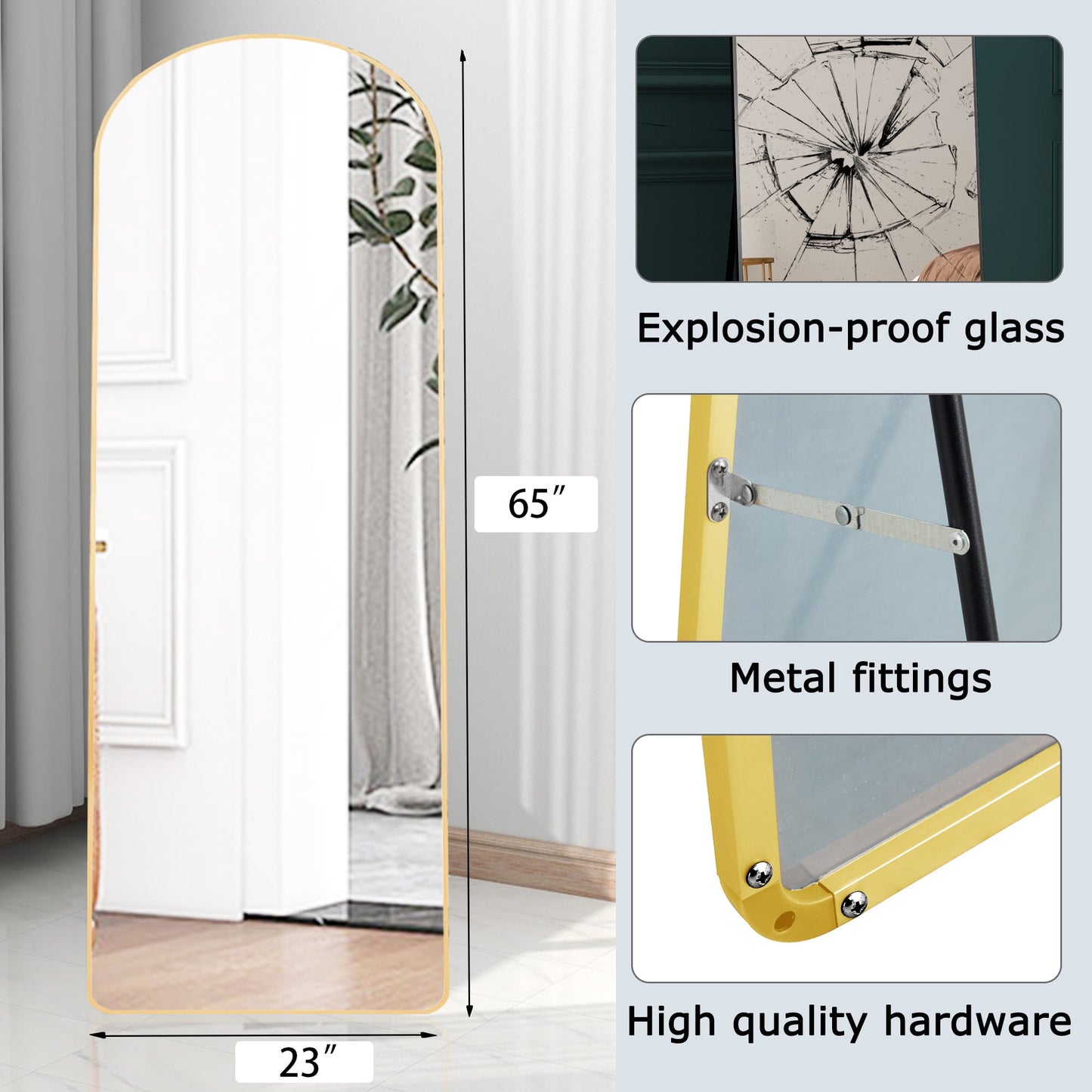 Sudica Arched Full Length Mirror 65"x23" Gold Frame Body Mirror with Stand for Living Room, Gold