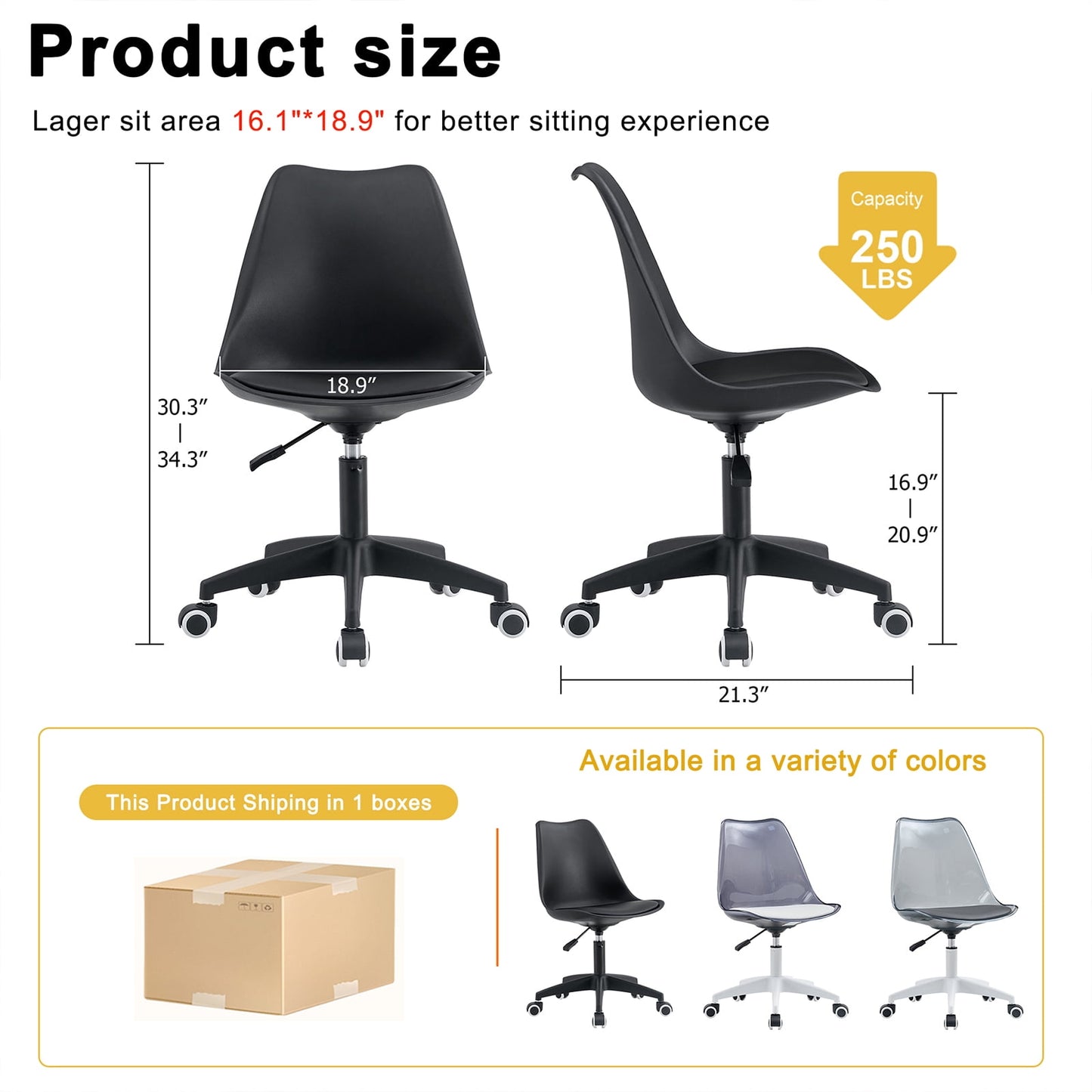 Sudica Black PVC Office Chair with Padded Seat Clear Rolling Desk Chair for Bedroom