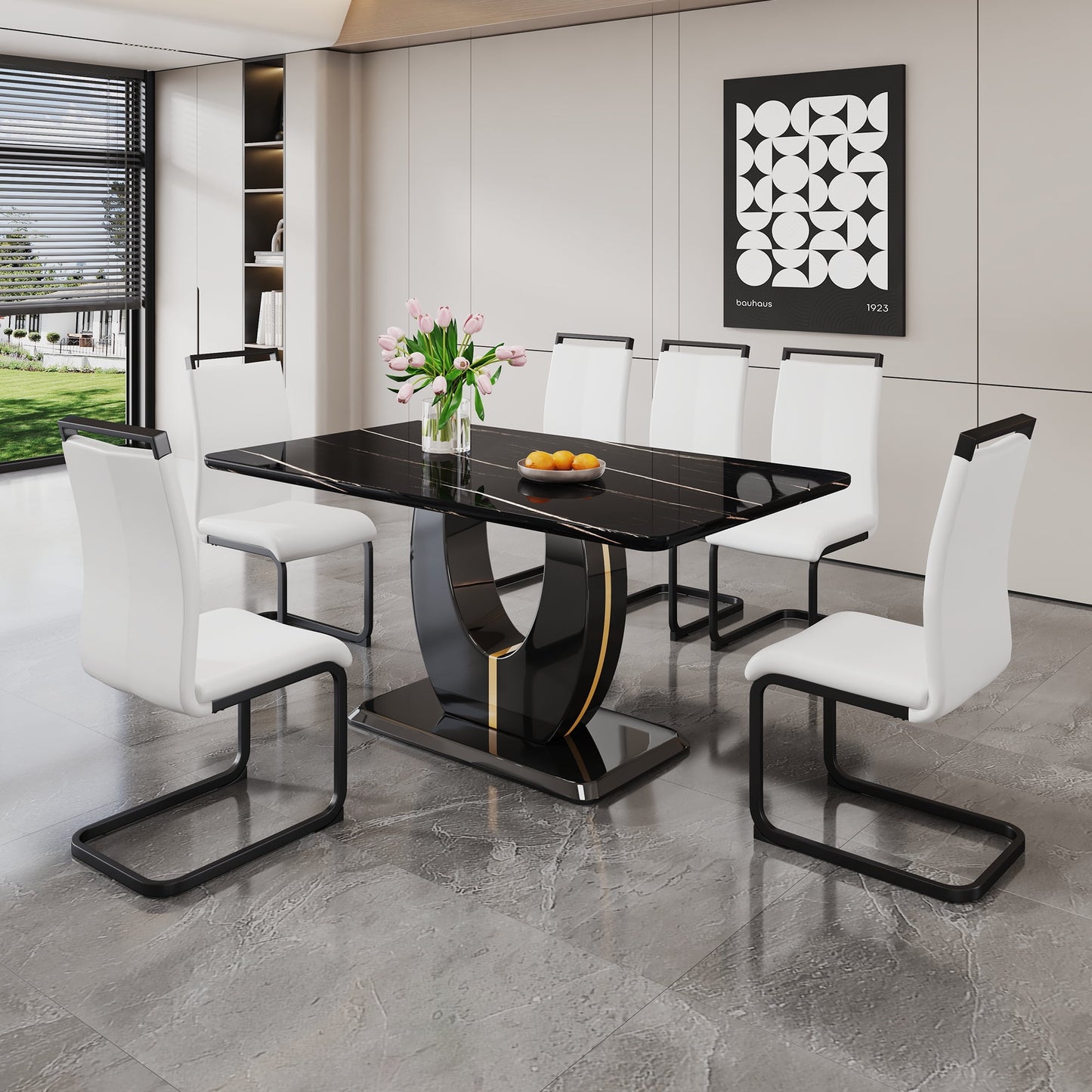 63" Dining Table Set for 6, Modern Black Faux Marble Rctangular Table with 6 Upholstered PU Leather Kitchen Chairs, White