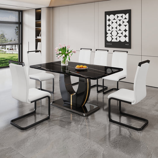 63" Dining Table Set for 6, Modern Black Faux Marble Rctangular Table with 6 Upholstered PU Leather Kitchen Chairs, White