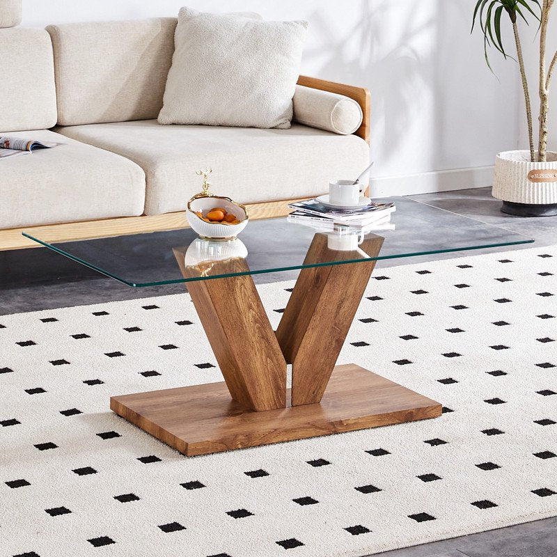 Sudica Modern Coffee Table with Tempered Glass Tabletop, 43 inch Tea Table with Wooden V Shape Base for Living Room