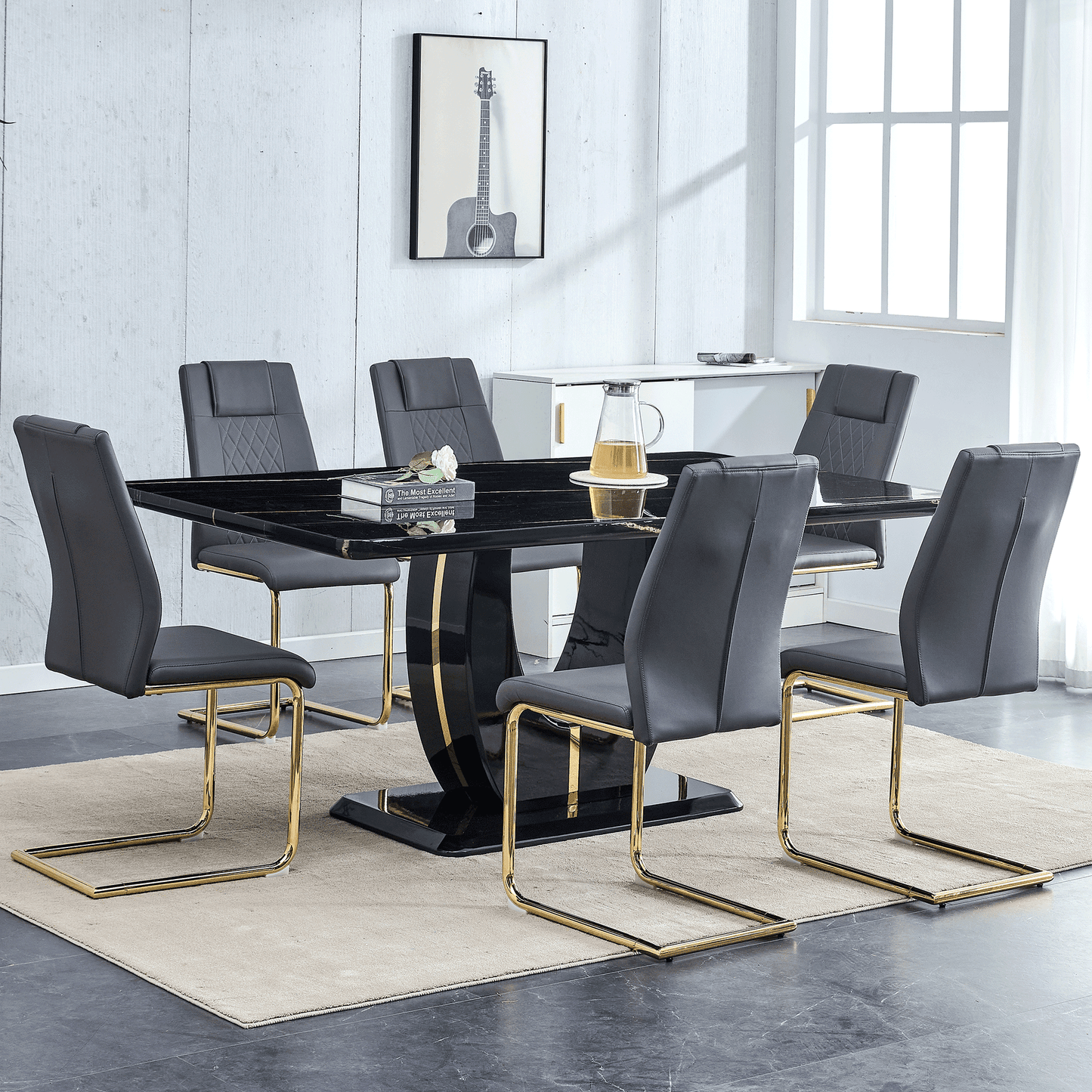 Sudica Marble Dining Set, Large Kitchen Table with 6 Gold Legs Dining Chairs 71" Modern Dining Table Set for Home,Gray