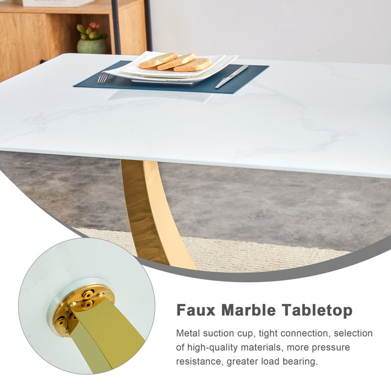 Sudica Modern Dining Table with White Marble Patterned Tabletop, 71 inch Large Dining Room Table with Golden U shape Base for Kitchen