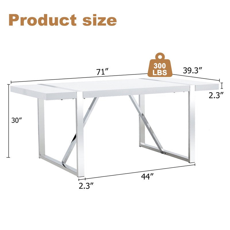 71"Large Dining Table For 6-8 Person,Sudica Rectangular White Tabletop and Silver Metal Legs,for Dining Room,Kitchen,Restaurants.