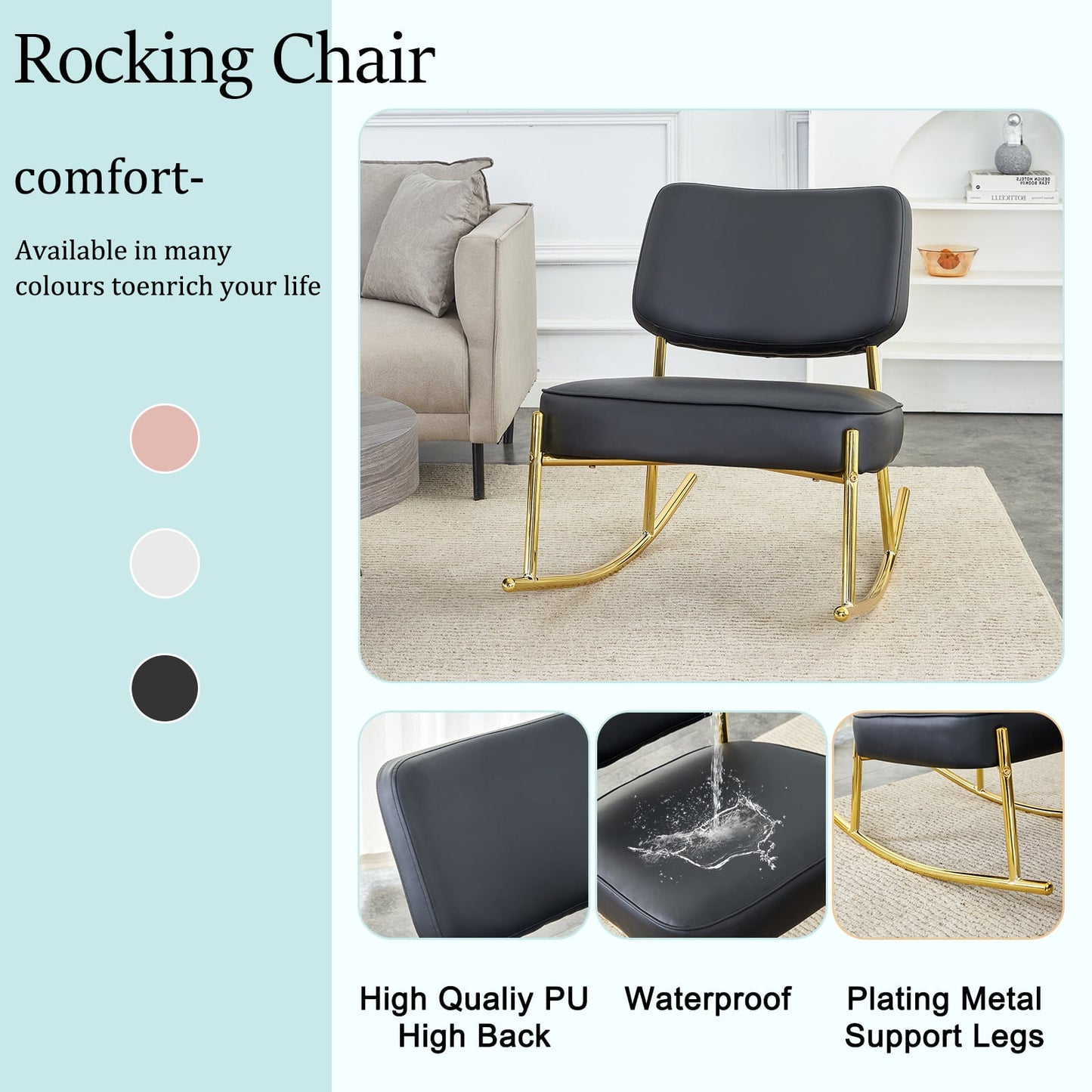 Sudica PU Leather Rocking Accent Chairs with Metal Legs, Upholstered Modern Armless Rocker Chair for Bedroom,Black