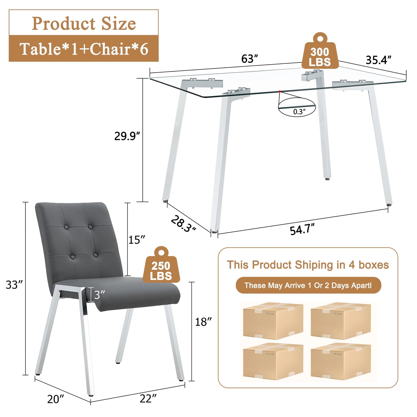 Sudica Dining Set for 6, Glass Rectangular Kitchen Table Set with Upholstered Faux Leather Dining Room Chairs,Gray