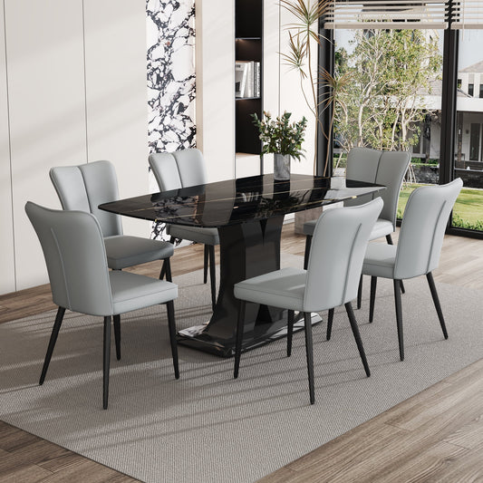 Sudica Marble Dining Set for 6, 63" Black Rectangular Kitchen Table with Modern PU Leather Dining Chairs, Gray