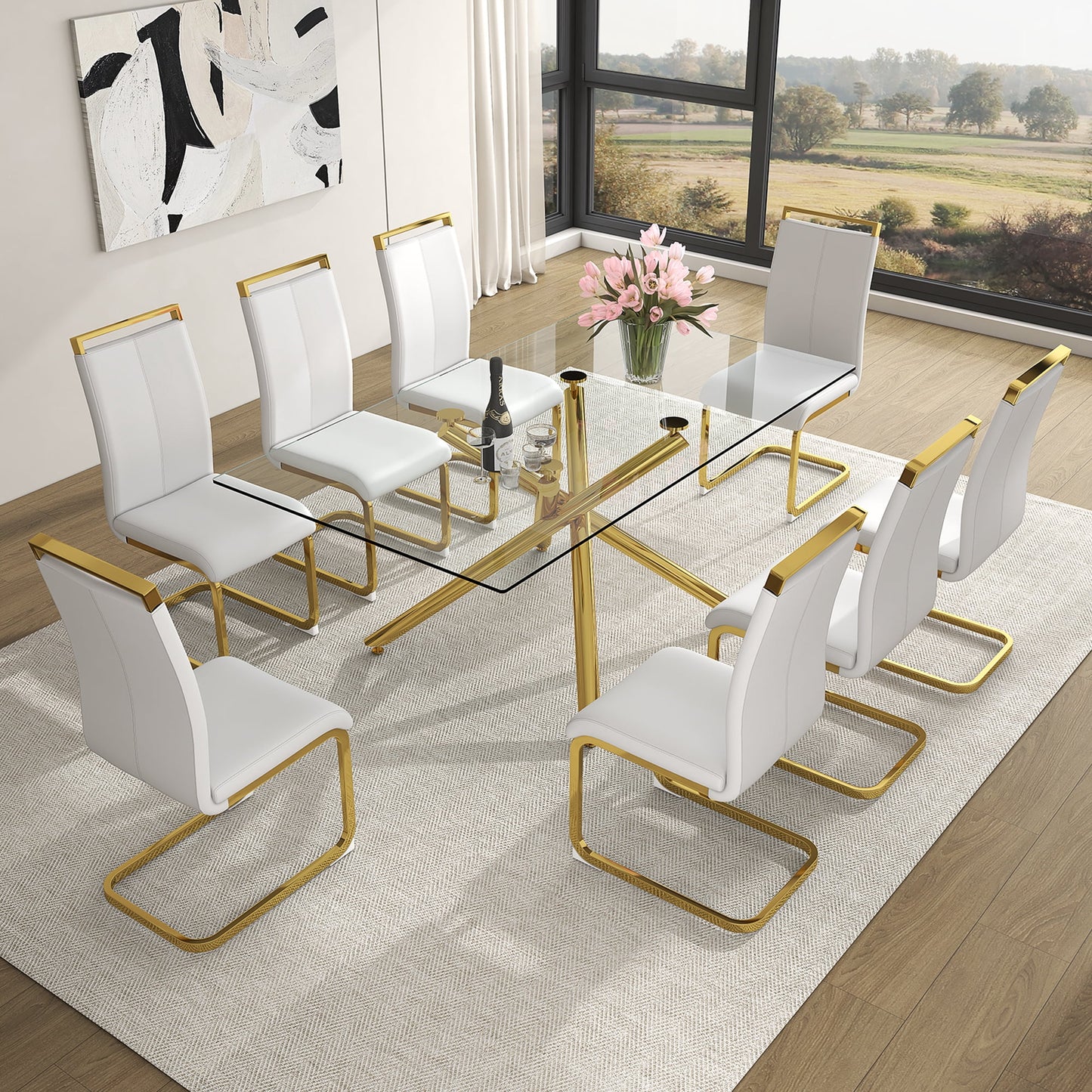 Sudica Glass Dining Table Set for 8, 71" Large Rectangular Kitchen Glass Dinner Table with Upholstered Golden Legs Dining Room Chairs, White