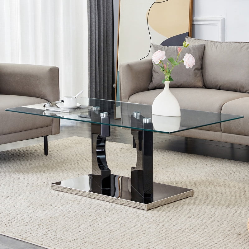 Sudica Glass Rectangular Coffee Table, 47 inch Modern Tea Table with Tempered Glass Tabletop and Black Legs for Living Room.