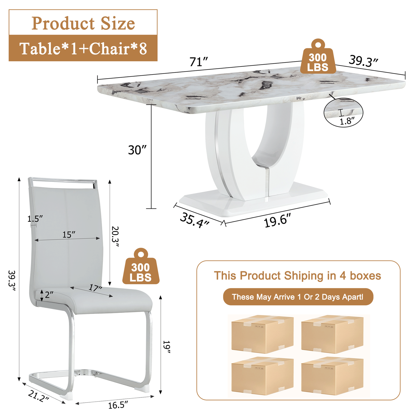 Sudica White Dining Table Set for 8, 71" Marble Kitchen Table with PU Leather Dining Room Chairs, Light Gray