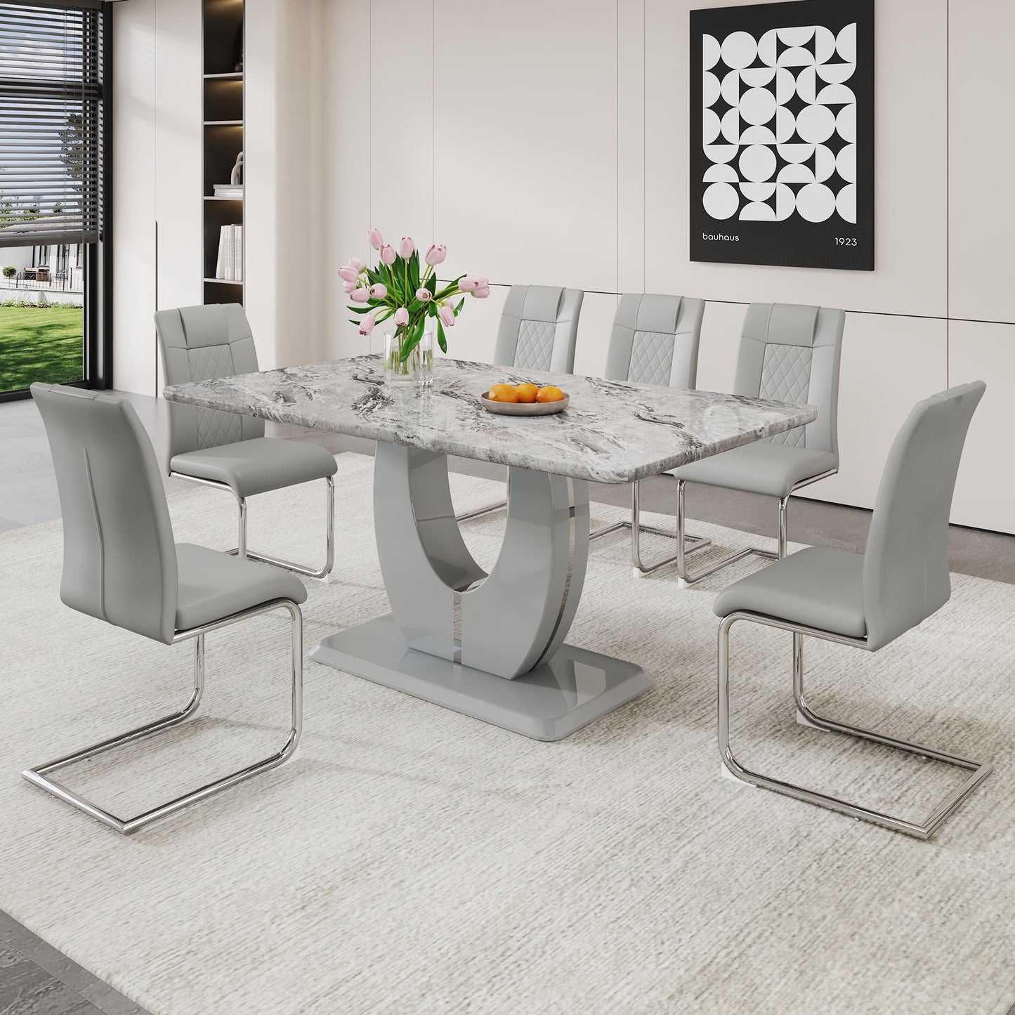 Sudica Dining Table Set with 6 Leather Dining Room Chairs, 63" Large Rectangular Marble Dining Table and Chairs Set,Light Gray