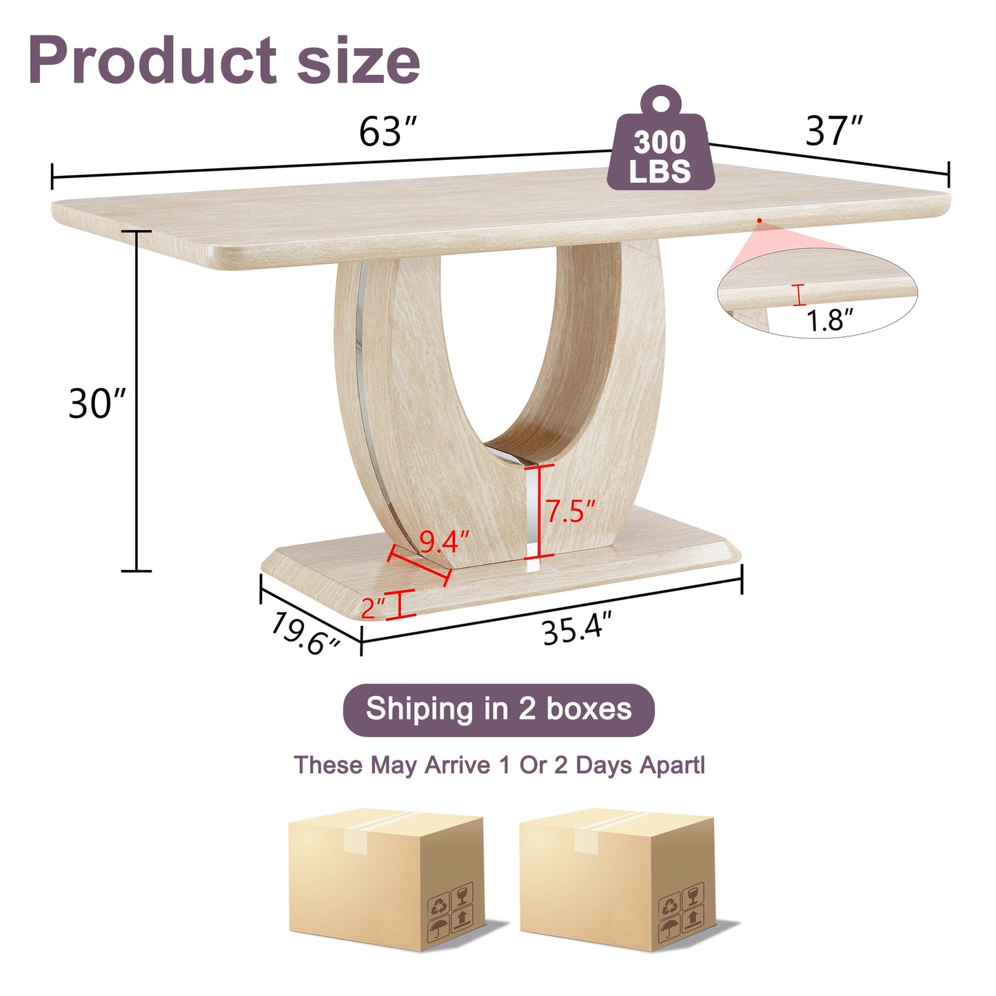 Sudica 63 inch Faux Marble Dining Table for 6 Yellow Faux Marble Dining Room MDF Table with U-Shaped Support