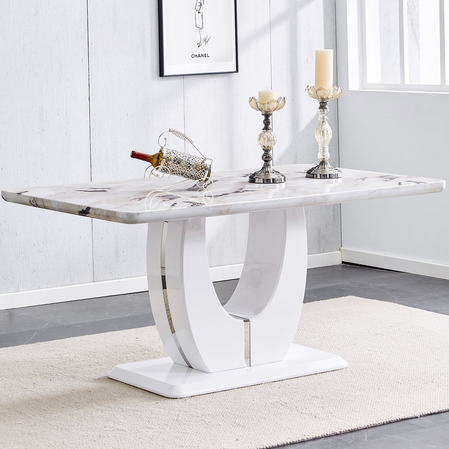 Sudica 63" Marble Dining Table for 6 White Faux Marble Dining Room MDF Table with U-Shaped Support