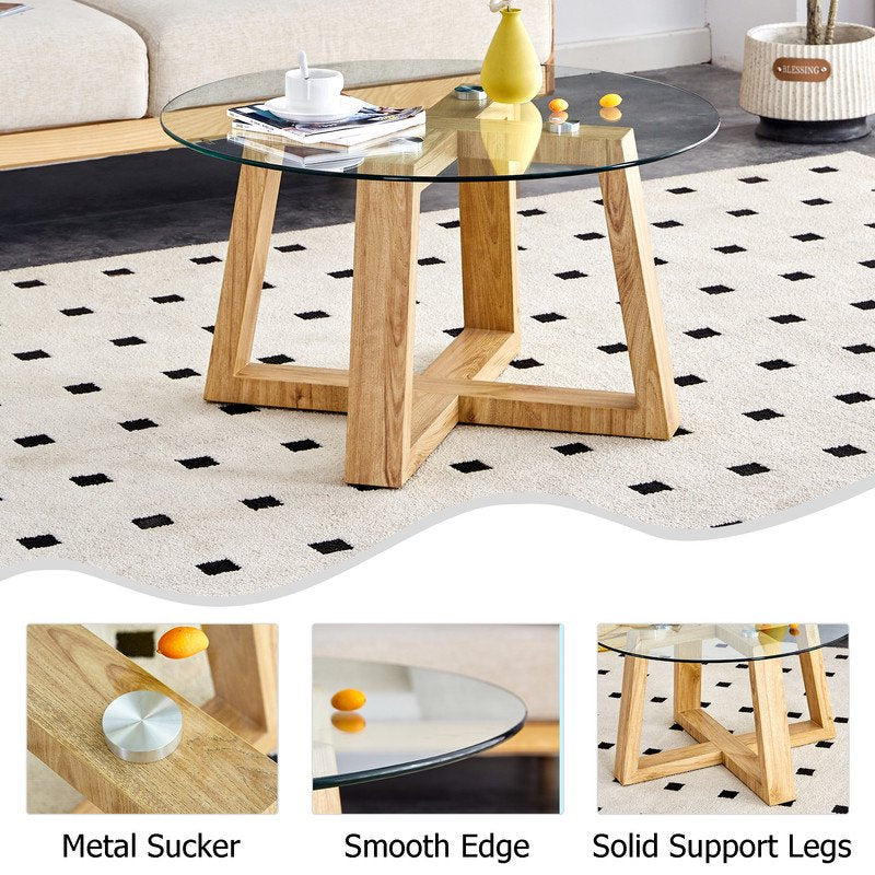 Sudica Glass Coffee Table,31 inch Modern Round Center Table with Wooden Legs for Living Room