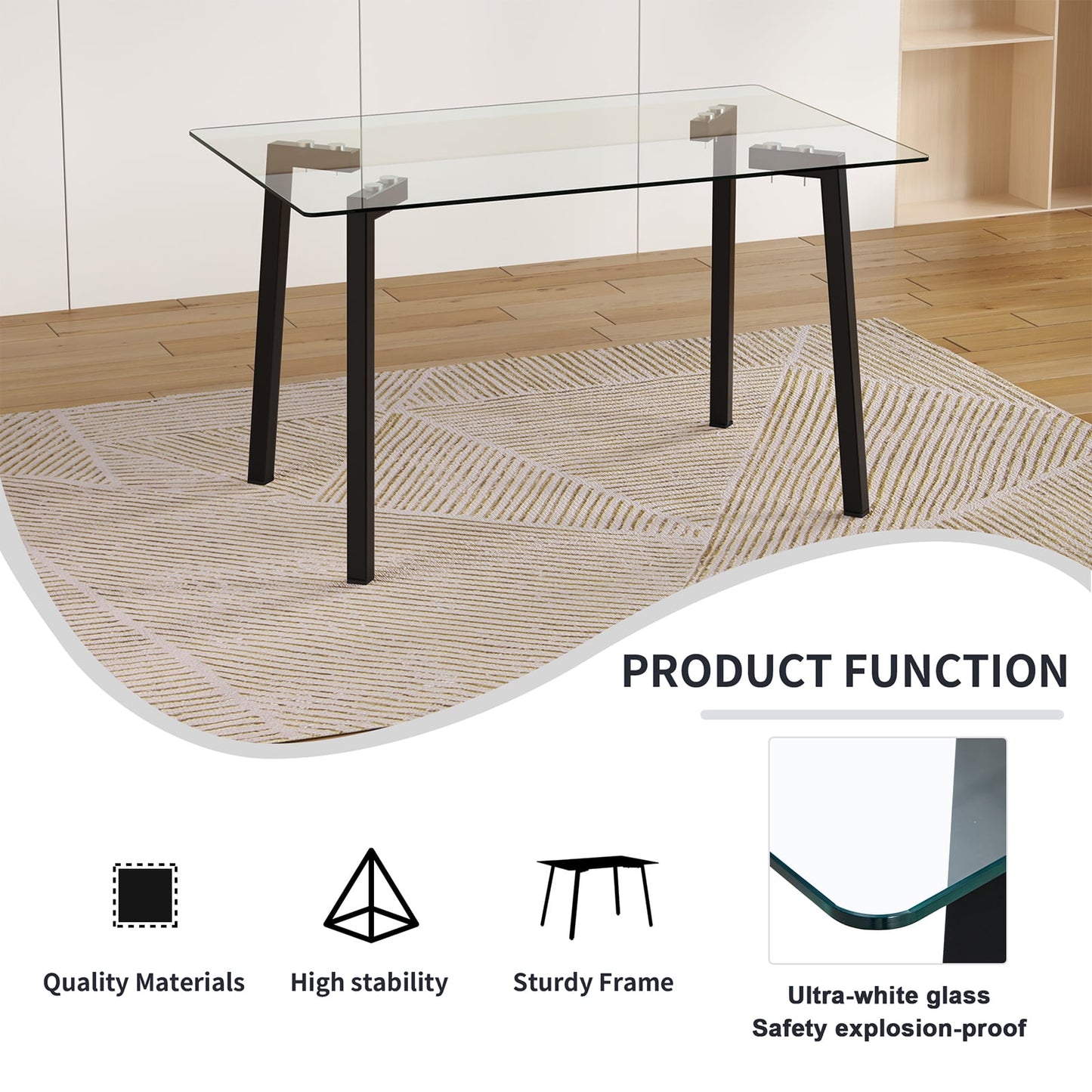 Sudica Glass Dining Table Modern Rectangular Table with Thick Glass Tabletop & Black Steel Legs£¬ 51.2 x 31.5 x 29.5 Inch