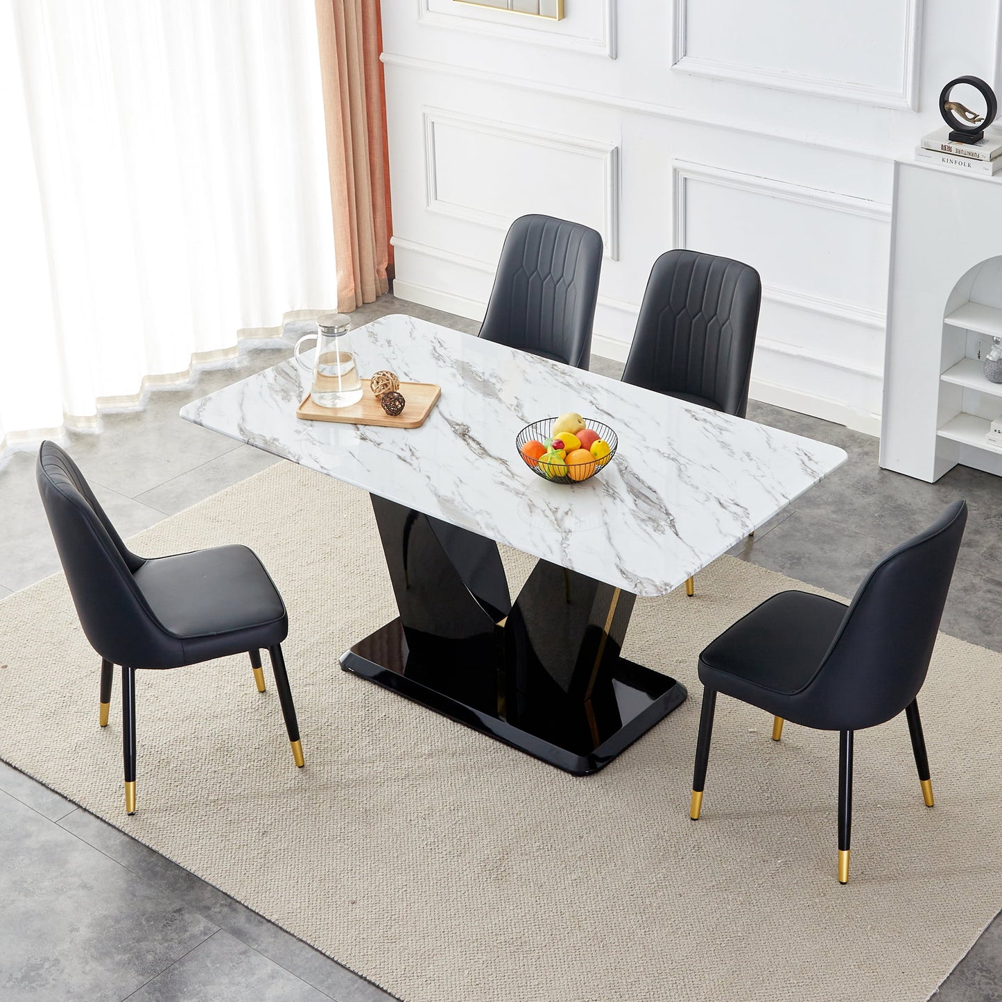 Sudica 63" Dining Table Set 5-Piece Marble Rectangular Kitchen Table & 4 Faux Leather Padded Dining Chair Set,Black