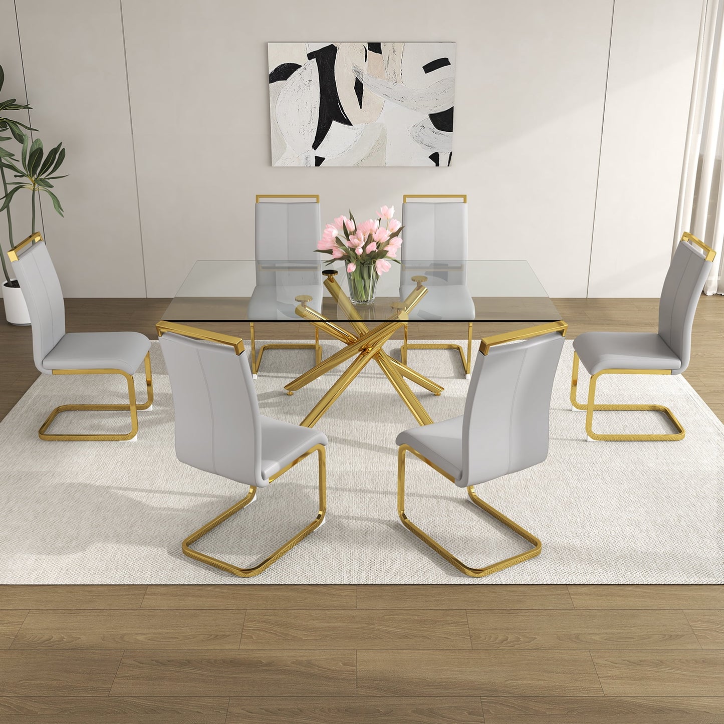 Sudica Glass Dining Table Set for 6, 71" Large Rectangular Kitchen Glass Dinner Table with Upholstered Golden Legs Dining Room Chairs, Light Gray