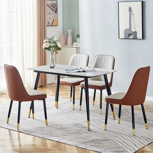 Sudica 5-Piece Compact Dining Table Set,White Dining Tabletop with 4 Faux Leather Dining Room Chairs, Brown