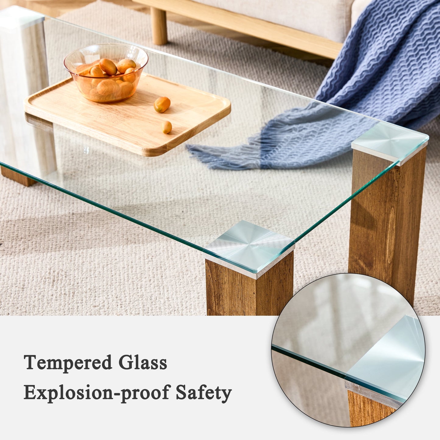 Sudica Glass Coffee Table,45 inch Modern Rectangular Center Table with Thick Wood Legs for Living Room